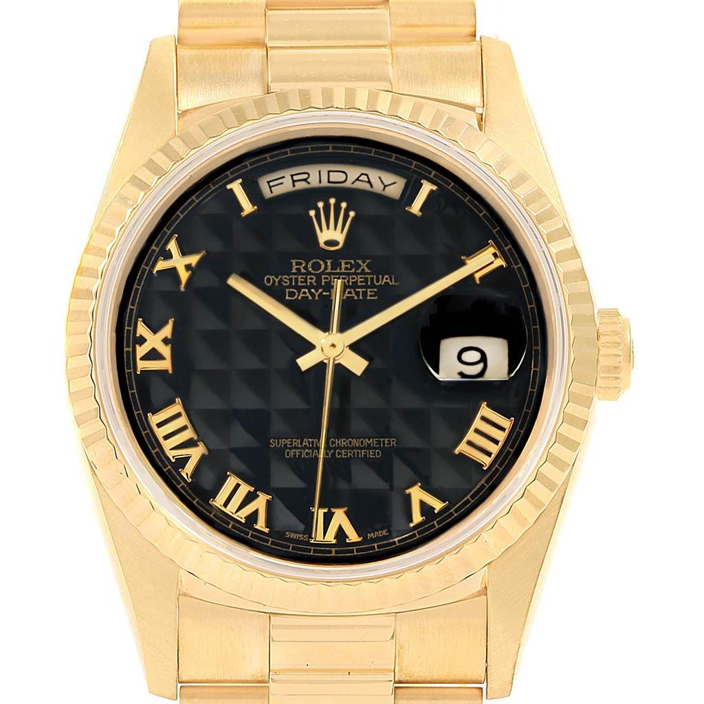 This Rolex President 18238 Men's Yellow Gold Black Dial 18238 Men's Yellow Gold Black Dial model watch is shown from the front, displaying the face, hands, bezel, and part of the bracelet.