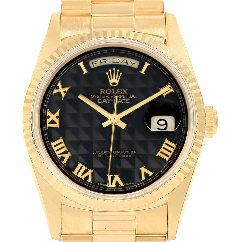 Rolex President Day-Date Yellow Gold Black Pyramid Dial Mens Watch 18238 SwissWatchExpo