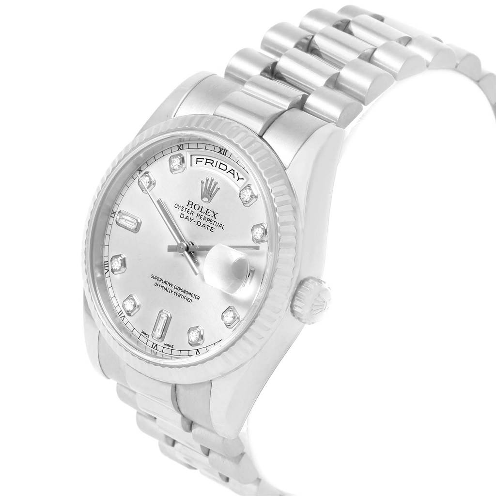 The Rolex President 118239 Men's White Gold Silver Dial 118239 Men's White Gold Silver Dial model watch is shown at a slight angle, highlighting its face, bracelet, and crown.