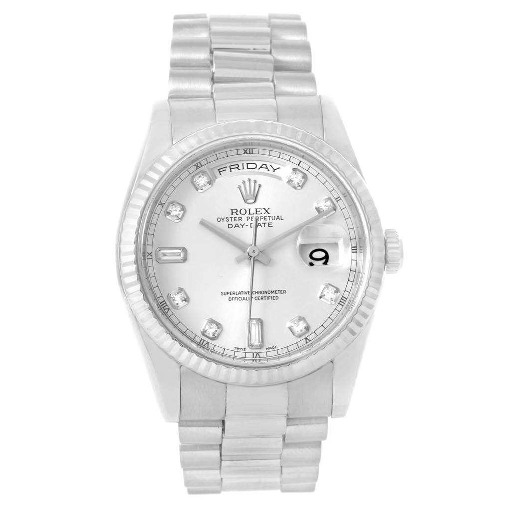 The image shows a front view of a Rolex President 118239 Men's White Gold Silver Dial 118239 Men's White Gold Silver Dial Day-Date watch, displaying its dial, bracelet, and bezel.