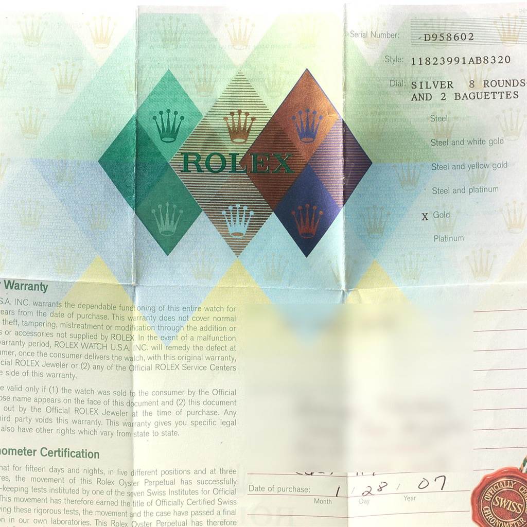 This image shows the warranty and certification documents for a Rolex President 118239 Men's White Gold Silver Dial 118239 Men's White Gold Silver Dial model watch.