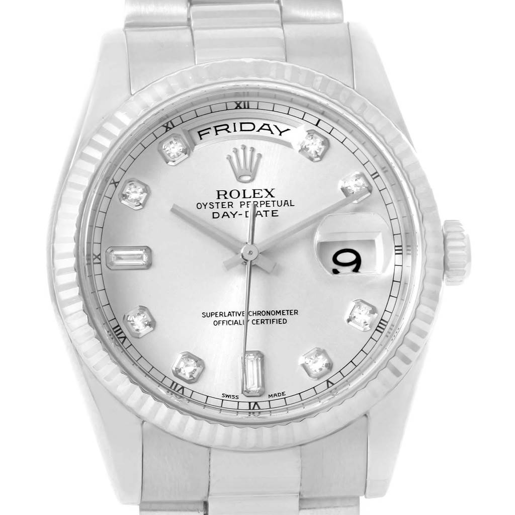 The image shows a frontal view of the Rolex President 118239 Men's White Gold Silver Dial 118239 Men's White Gold Silver Dial Oyster Perpetual Day-Date watch, highlighting the dial, bezel, and part of the bracelet.