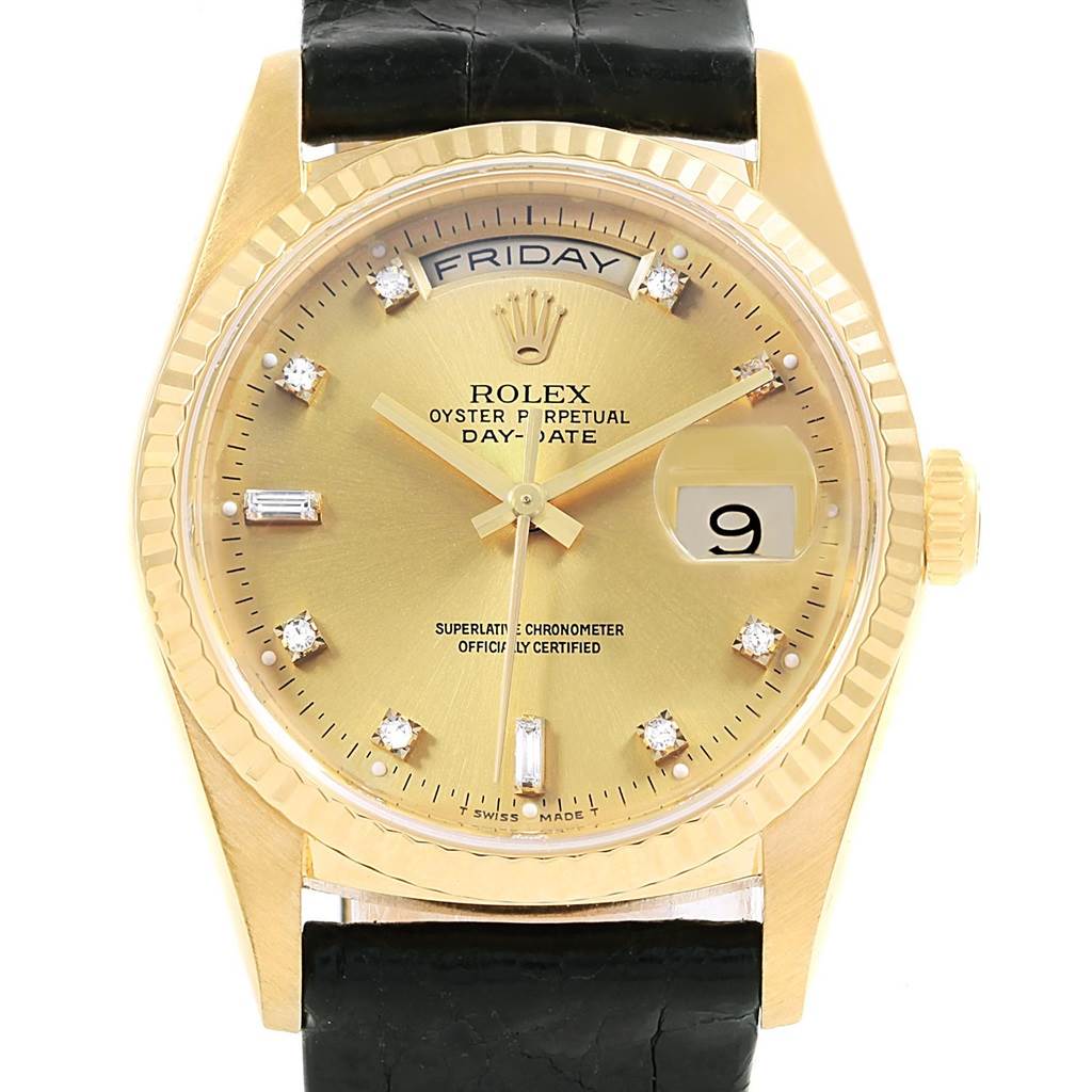The image displays a front view of a Rolex President 18238 Men's Yellow Gold Champagne Dial 18238 Men's Yellow Gold Champagne Dial watch, showcasing its gold dial, day and date windows, and black leather strap.