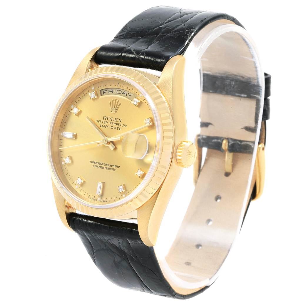 The photo shows a Rolex President 18238 Men's Yellow Gold Champagne Dial 18238 Men's Yellow Gold Champagne Dial model watch from an angled view, highlighting the face, bezel, crown, and leather strap.