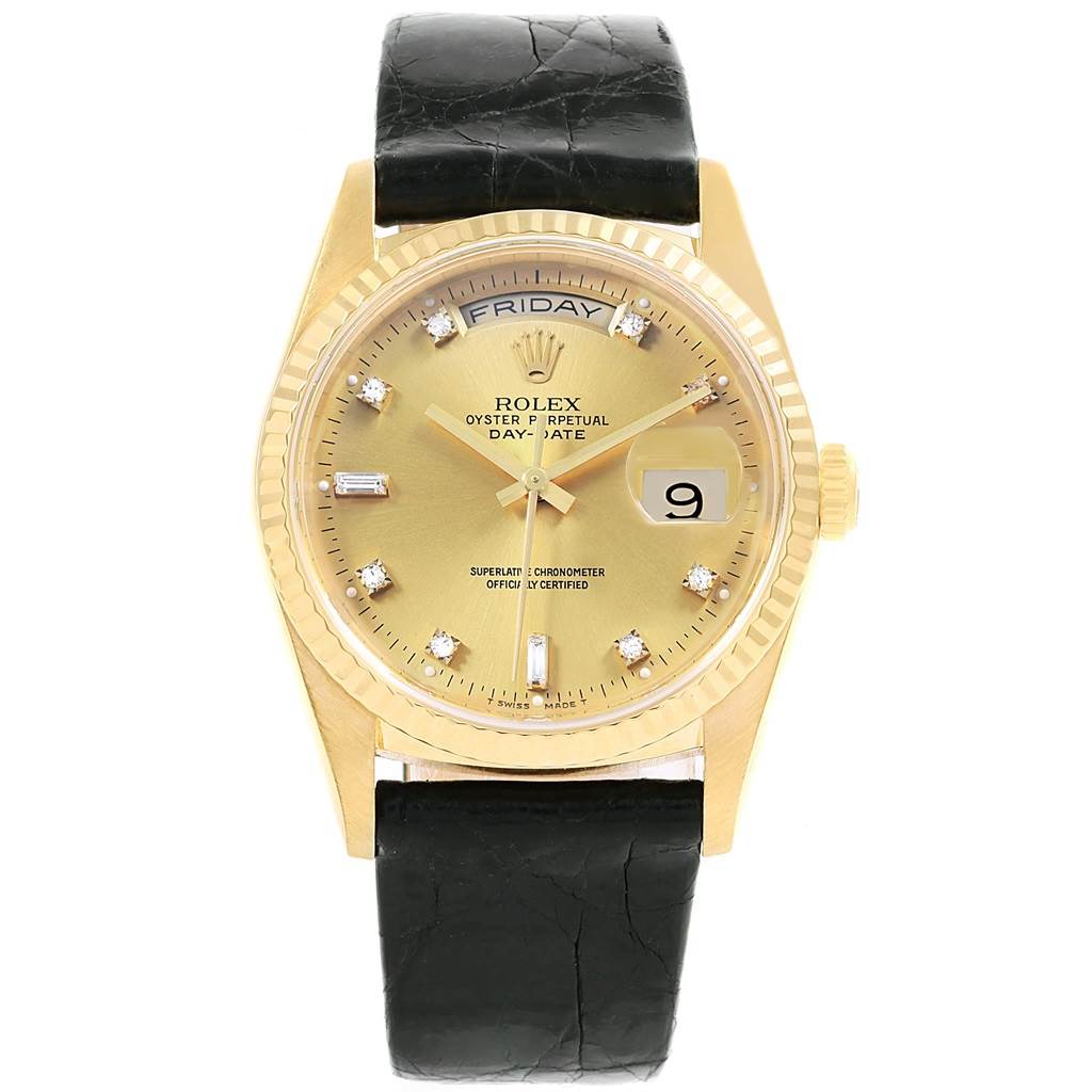 The image shows a front view of a Rolex President 18238 Men's Yellow Gold Champagne Dial 18238 Men's Yellow Gold Champagne Dial model watch with a gold face and black leather strap.