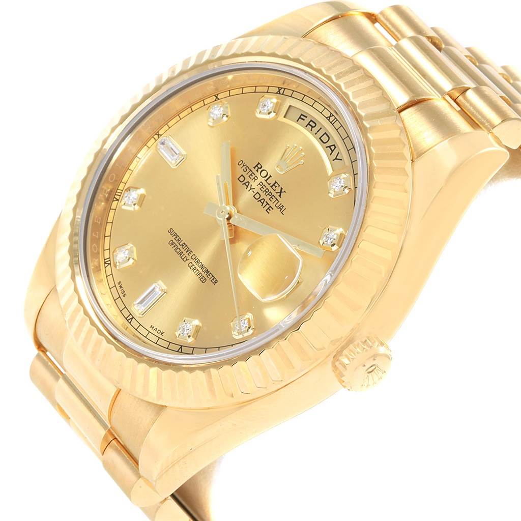 The Rolex President 218238 Men's Yellow Gold Champagne Dial 218238 Men's Yellow Gold Champagne Dial model watch is shown at an angled close-up, displaying the dial, bezel, crown, and part of the bracelet.