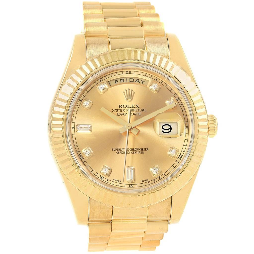 The image shows a frontal view of the Rolex President 218238 Men's Yellow Gold Champagne Dial 218238 Men's Yellow Gold Champagne Dial model, highlighting the dial, hour markers, day and date windows, and the bracelet.