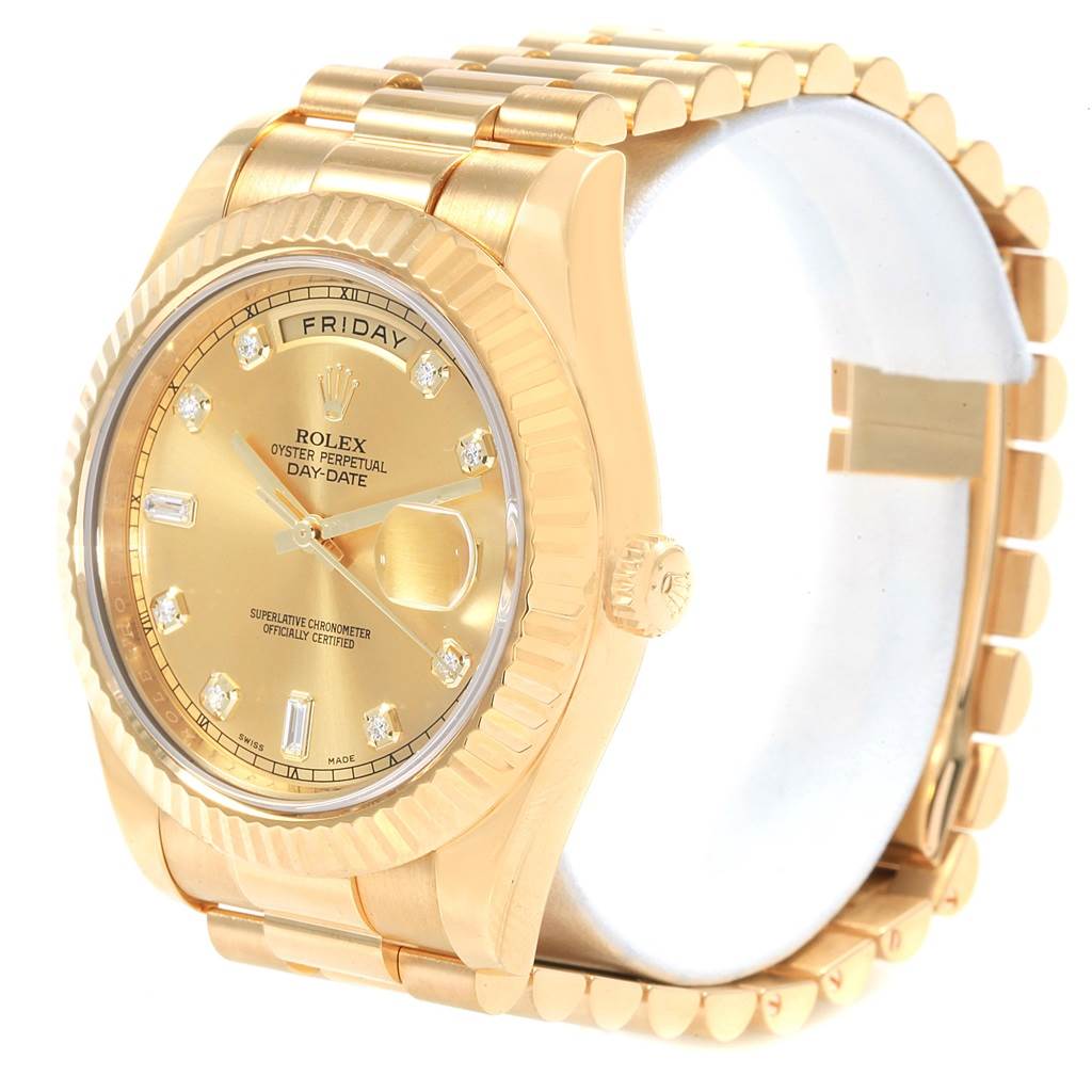 The image shows a Rolex President 218238 Men's Yellow Gold Champagne Dial 218238 Men's Yellow Gold Champagne Dial model watch from an angled view, displaying the face, bezel, band, and crown.