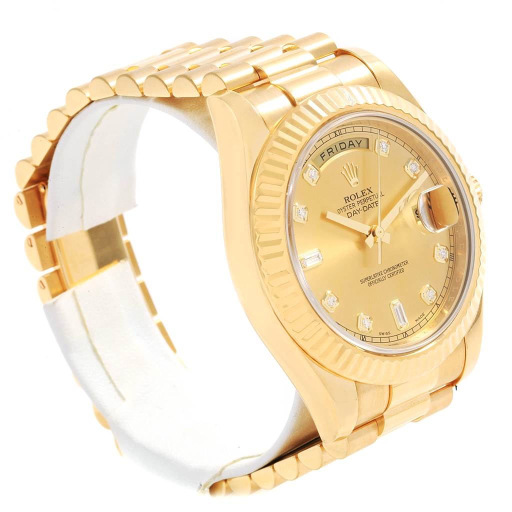 The image shows a Rolex President 218238 Men's Yellow Gold Champagne Dial 218238 Men's Yellow Gold Champagne Dial model watch with a focus on the fully displayed golden dial and part of the bracelet from a three-quarter angle.