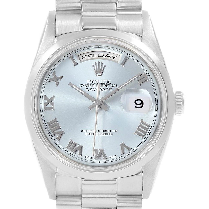 Rolex President Day-Date Platinum Ice Blue Roman Dial Watch 18206 SwissWatchExpo