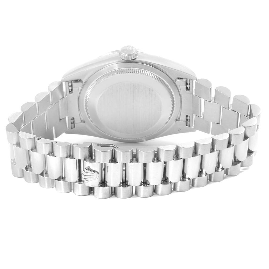 This image shows the back view of a Rolex President 18206 Men's Platinum Blue Dial 18206 Men's Platinum Blue Dial model watch, highlighting the case back and bracelet.