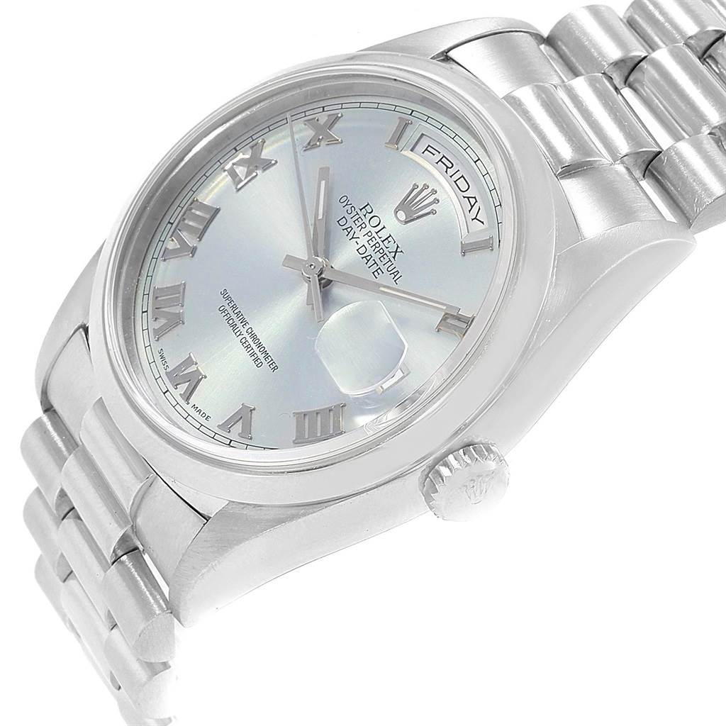 The image shows a side-angle view of the Rolex President 18206 Men's Platinum Blue Dial 18206 Men's Platinum Blue Dial watch, highlighting the dial, bezel, and portion of the bracelet.