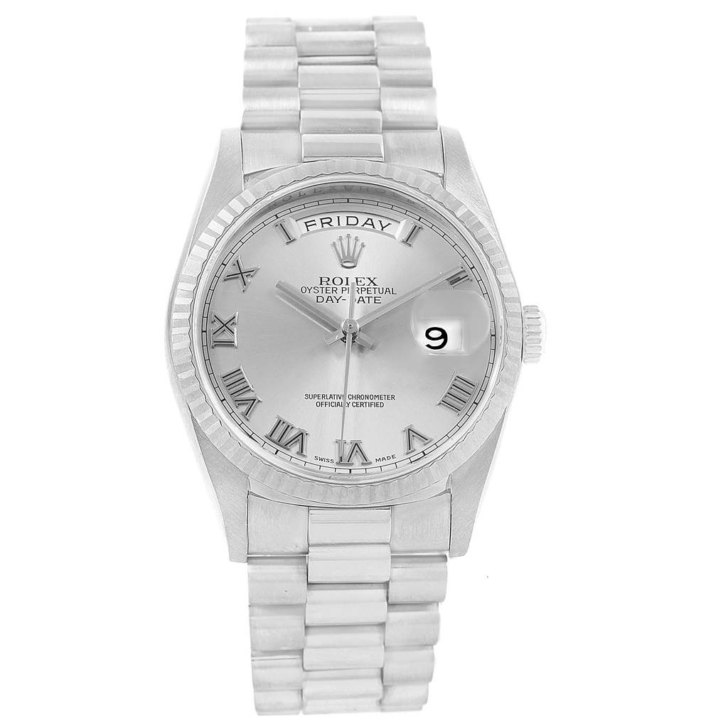 The image shows a front view of the Rolex President 118239 Men's White Gold Grey Dial 118239 Men's White Gold Grey Dial model watch, highlighting its dial, bracelet, and bezel.