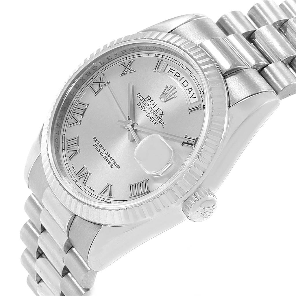 The image shows a Rolex President 118239 Men's White Gold Grey Dial 118239 Men's White Gold Grey Dial watch angled to highlight its dial, bezel, crown, and part of the bracelet.