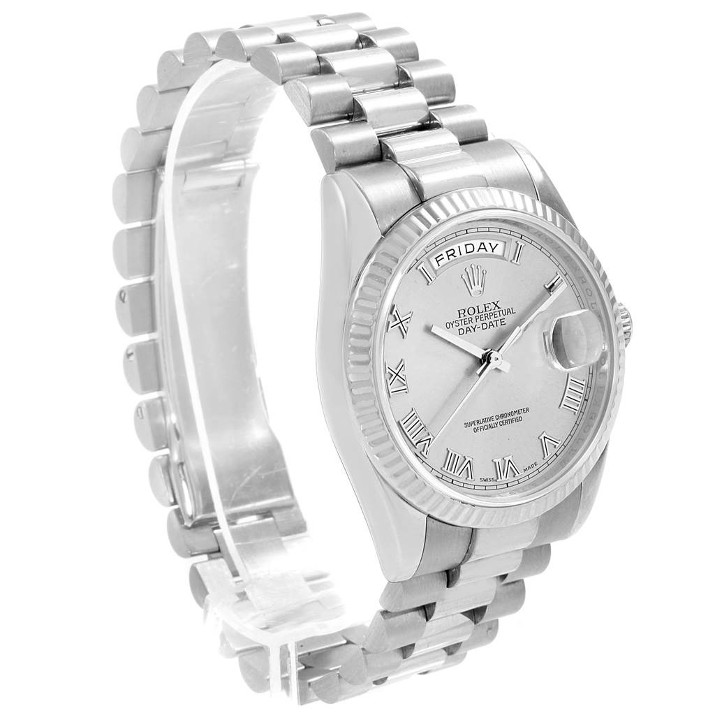 The image shows a Rolex President 118239 Men's White Gold Grey Dial 118239 Men's White Gold Grey Dial model watch at a three-quarter angle, highlighting the dial, bracelet, and fluted bezel.