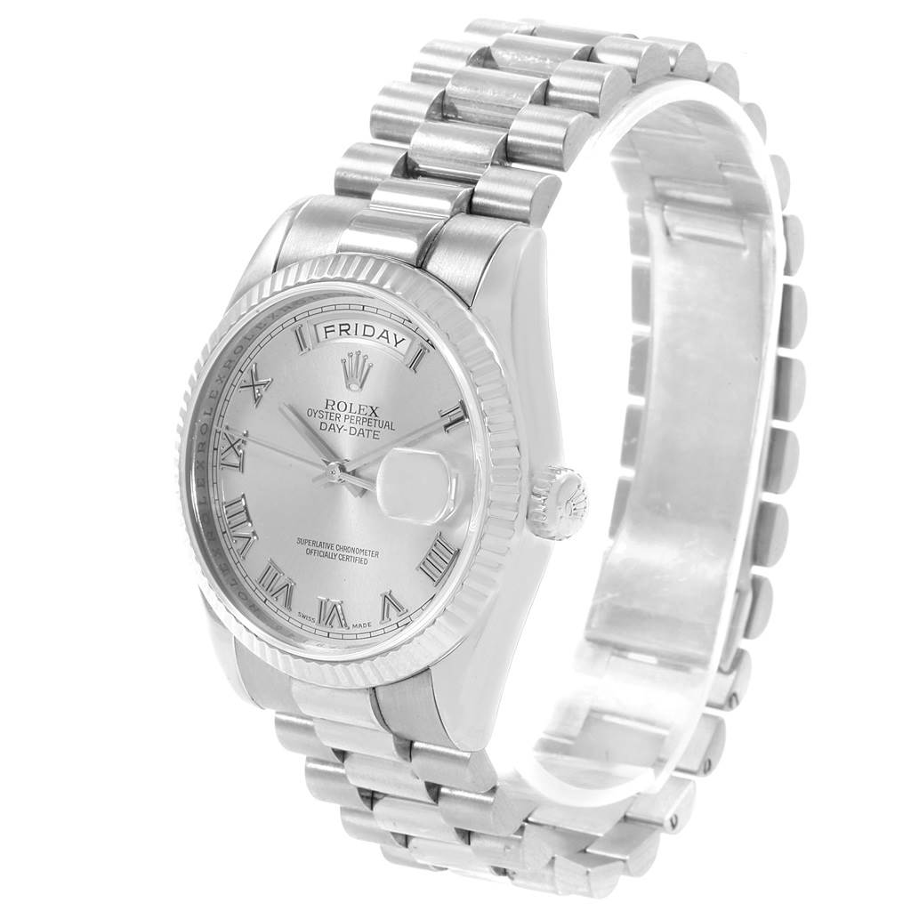 The image shows a side angle of the Rolex President 118239 Men's White Gold Grey Dial 118239 Men's White Gold Grey Dial model, highlighting the watch face, bracelet, and crown.