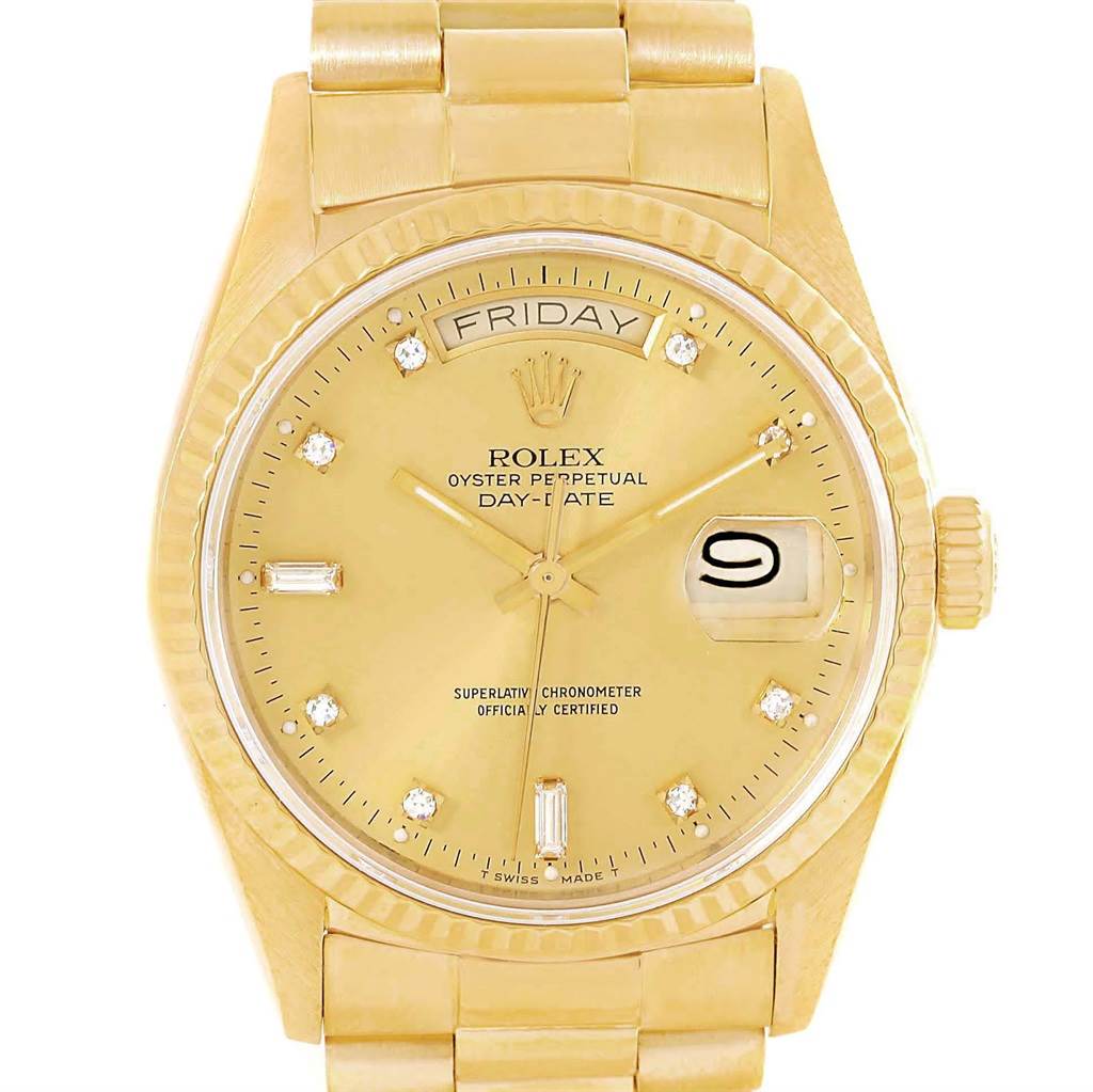 This image shows a front view of a Rolex President 18038 Men's Yellow Gold Champagne Dial 18038 Men's Yellow Gold Champagne Dial model watch, displaying the face, bracelet, crown, and day/date complications.