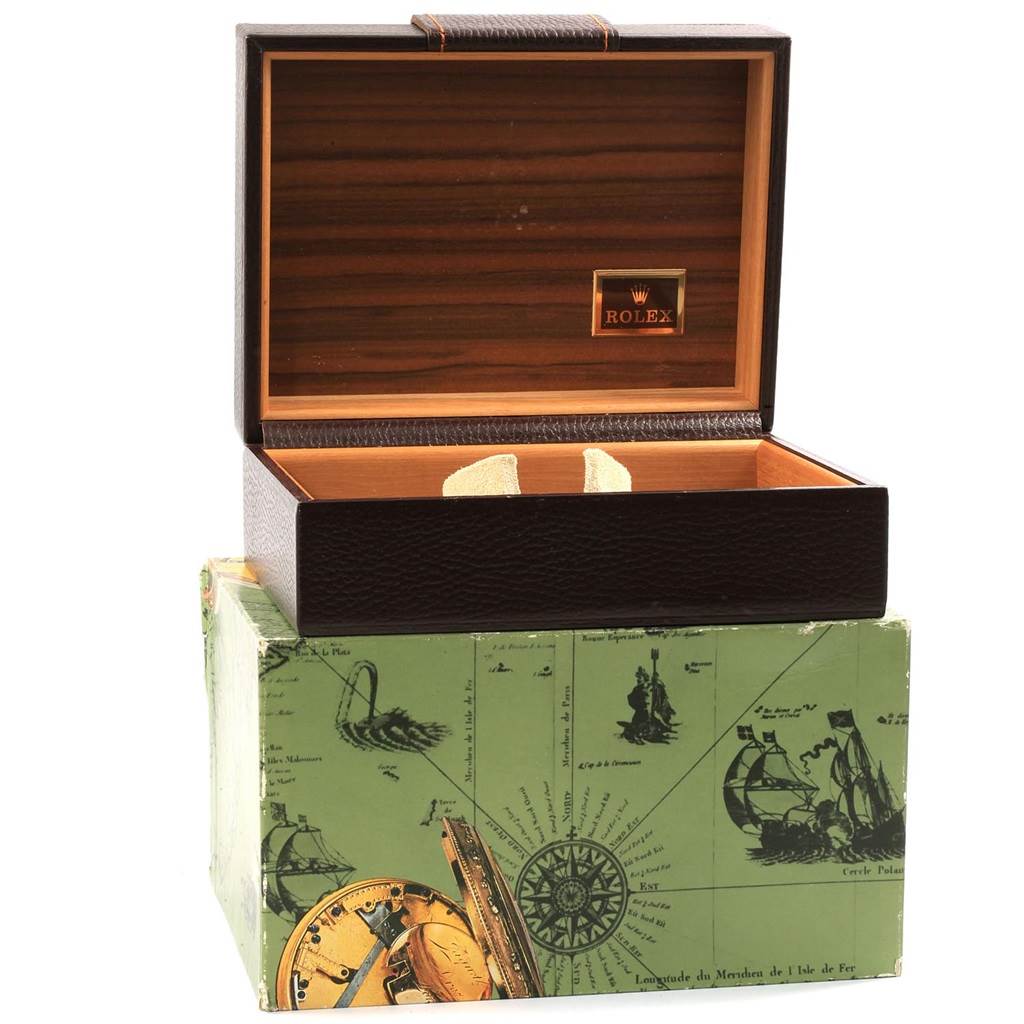 The image shows an open box for a Rolex President 18038 Men's Yellow Gold Champagne Dial 18038 Men's Yellow Gold Champagne Dial model watch, featuring the interior of the box and the Rolex logo.