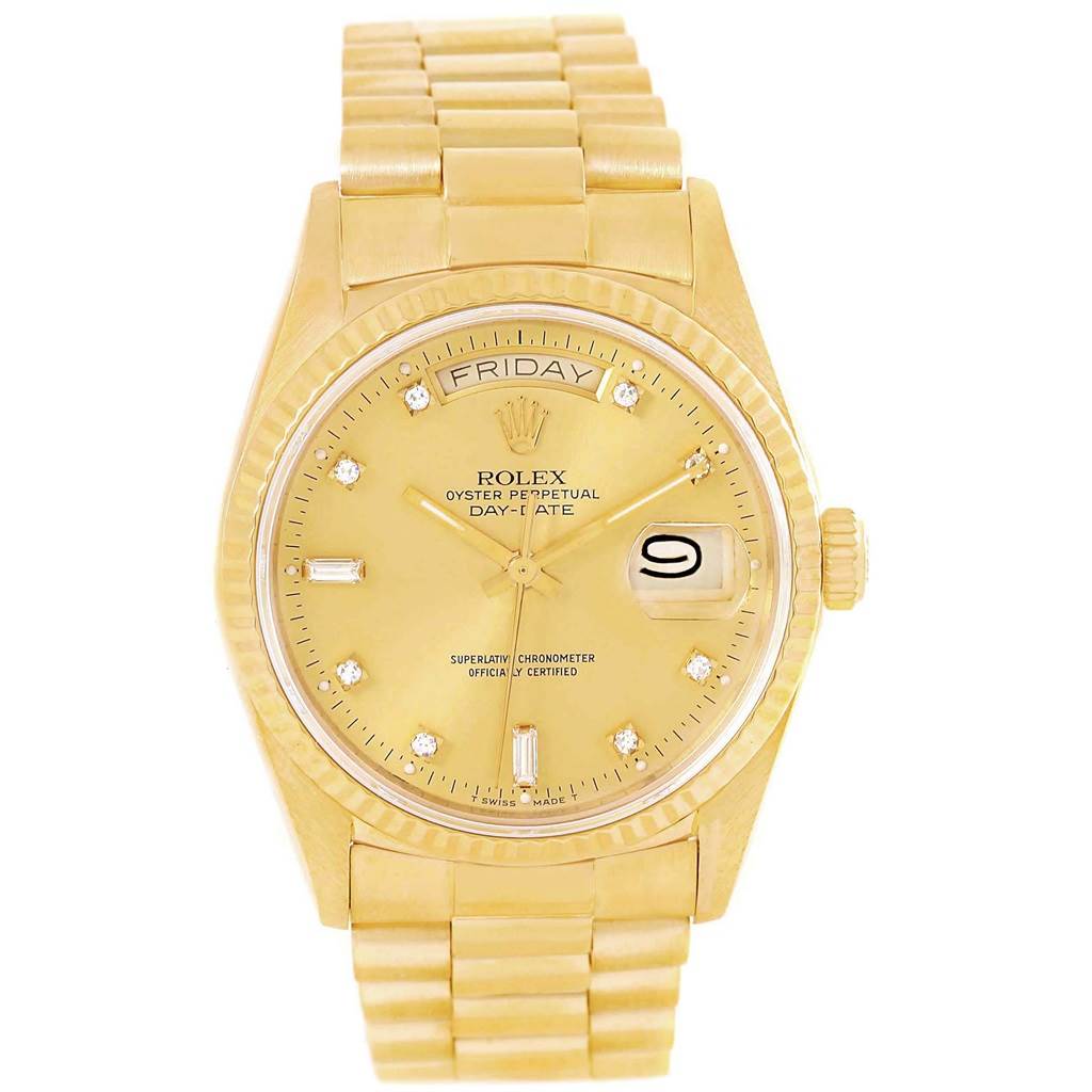 This Rolex President 18038 Men's Yellow Gold Champagne Dial 18038 Men's Yellow Gold Champagne Dial model watch is shown from a front angle, displaying its dial, bracelet, and crown.