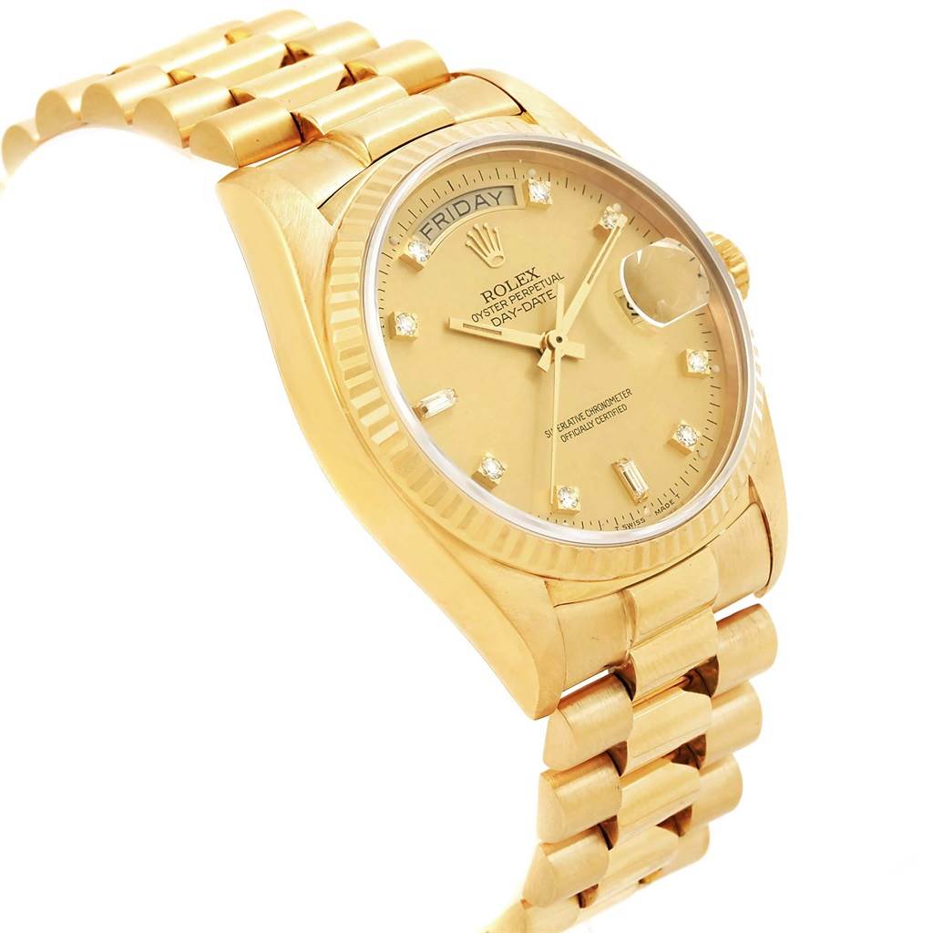 The image shows a Rolex President 18038 Men's Yellow Gold Champagne Dial 18038 Men's Yellow Gold Champagne Dial model watch viewed from an angle that highlights the bezel, dial, crown, and bracelet.