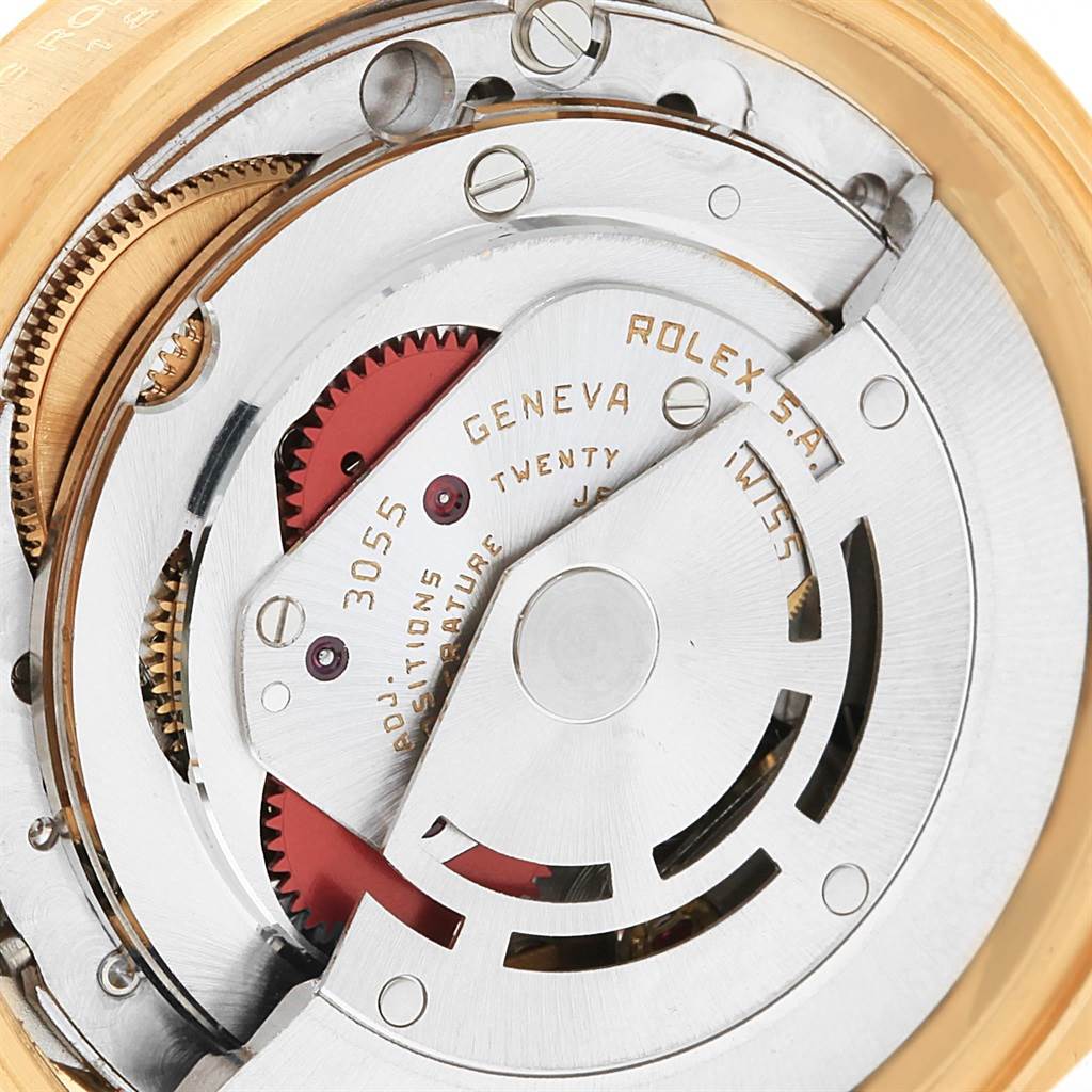 This close-up image shows the movement mechanism of the Rolex President 18038 Men's Yellow Gold Champagne Dial 18038 Men's Yellow Gold Champagne Dial model watch.