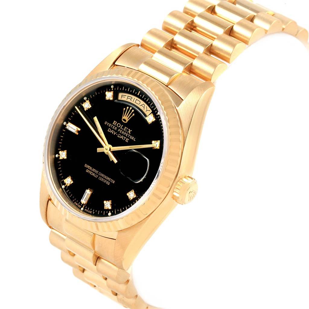 The image shows a Rolex President 18238 Men's Yellow Gold Black Dial 18238 Men's Yellow Gold Black Dial model watch at a three-quarter angle, displaying the face, crown, and part of the bracelet.