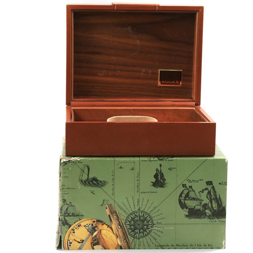 The image shows an open Rolex President 18238 Men's Yellow Gold Black Dial 18238 Men's Yellow Gold Black Dial model watch box with an exterior design featuring historical illustrations.