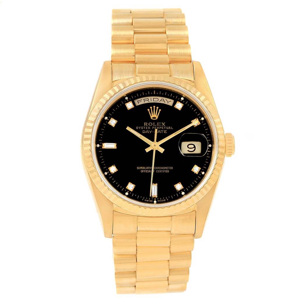 This image shows a frontal view of a Rolex President 18238 Men's Yellow Gold Black Dial 18238 Men's Yellow Gold Black Dial model watch, featuring its gold bracelet and black dial.