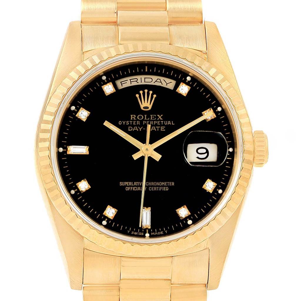 The image shows a Rolex President 18238 Men's Yellow Gold Black Dial 18238 Men's Yellow Gold Black Dial model watch with a black dial, day and date display, and diamond hour markers.