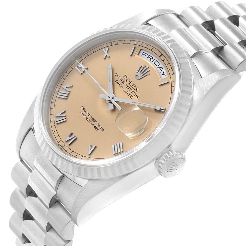 This image shows a Rolex President 18239 Men's White Gold Pink Dial 18239 Men's White Gold Pink Dial model watch from a three-quarter angle, highlighting the dial, bezel, crown, and bracelet.