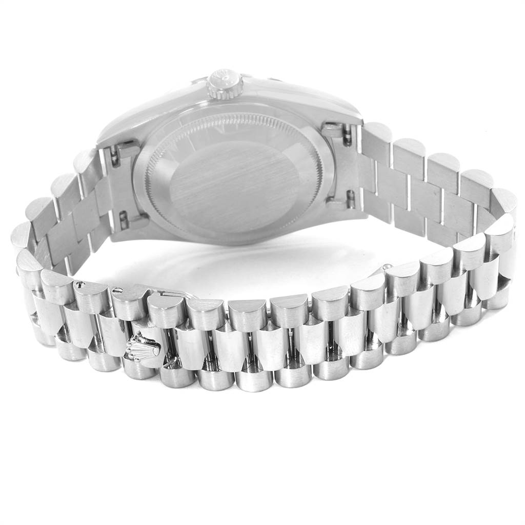 This image shows the back view of a Rolex President 18239 Men's White Gold Pink Dial 18239 Men's White Gold Pink Dial model watch, focusing on the bracelet and case back.