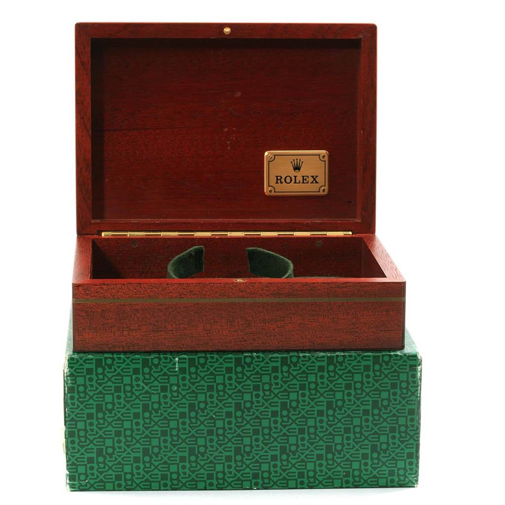 The image shows an open Rolex President 18239 Men's White Gold Pink Dial 18239 Men's White Gold Pink Dial watch box with a protective cushion inside.