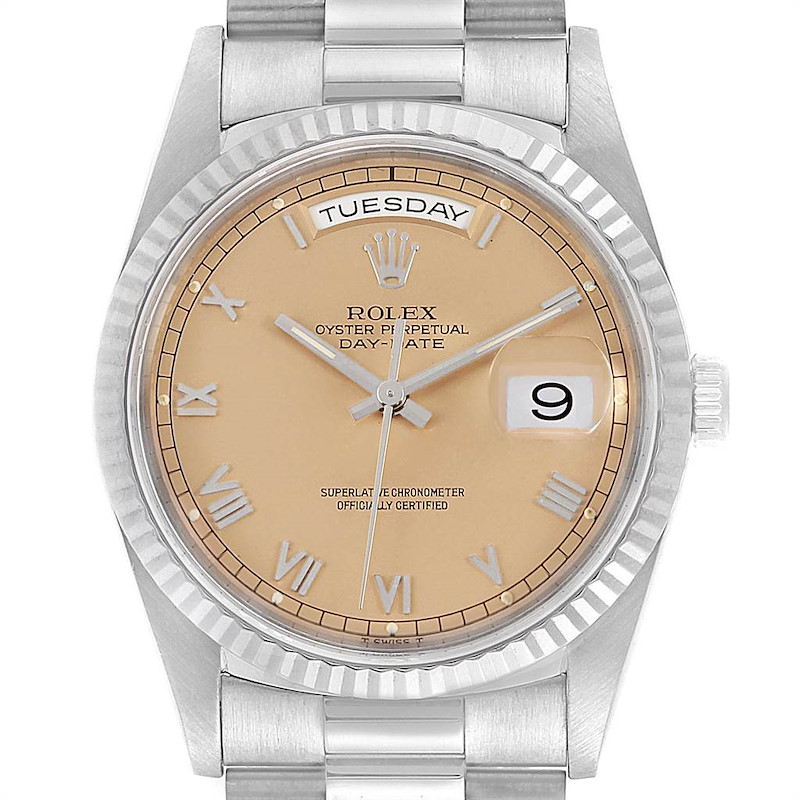 Rolex President Day-Date White Gold Salmon Roman Dial Mens Watch 18239 SwissWatchExpo