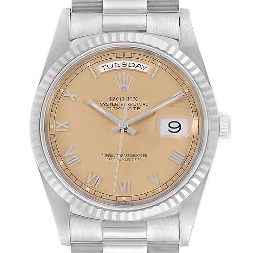 Photo of Rolex President Day-Date White Gold Salmon Roman Dial Mens Watch 18239