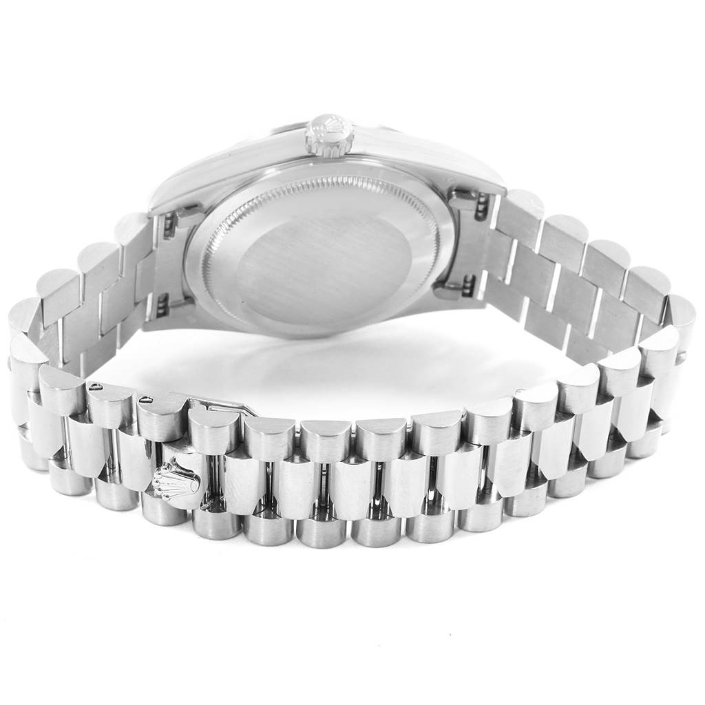 This image shows the back case and bracelet of a Rolex President 18239 Men's White Gold Silver Dial 18239 Men's White Gold Silver Dial model watch, viewed from the rear angle.