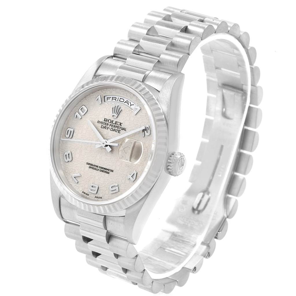 The Rolex President 18239 Men's White Gold Silver Dial 18239 Men's White Gold Silver Dial model watch is shown at an angle displaying its face, bezel, crown, and bracelet.