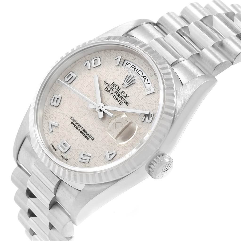 The photo shows a Rolex President 18239 Men's White Gold Silver Dial 18239 Men's White Gold Silver Dial model watch at a three-quarter angle, highlighting its dial, crown, and part of the bracelet.