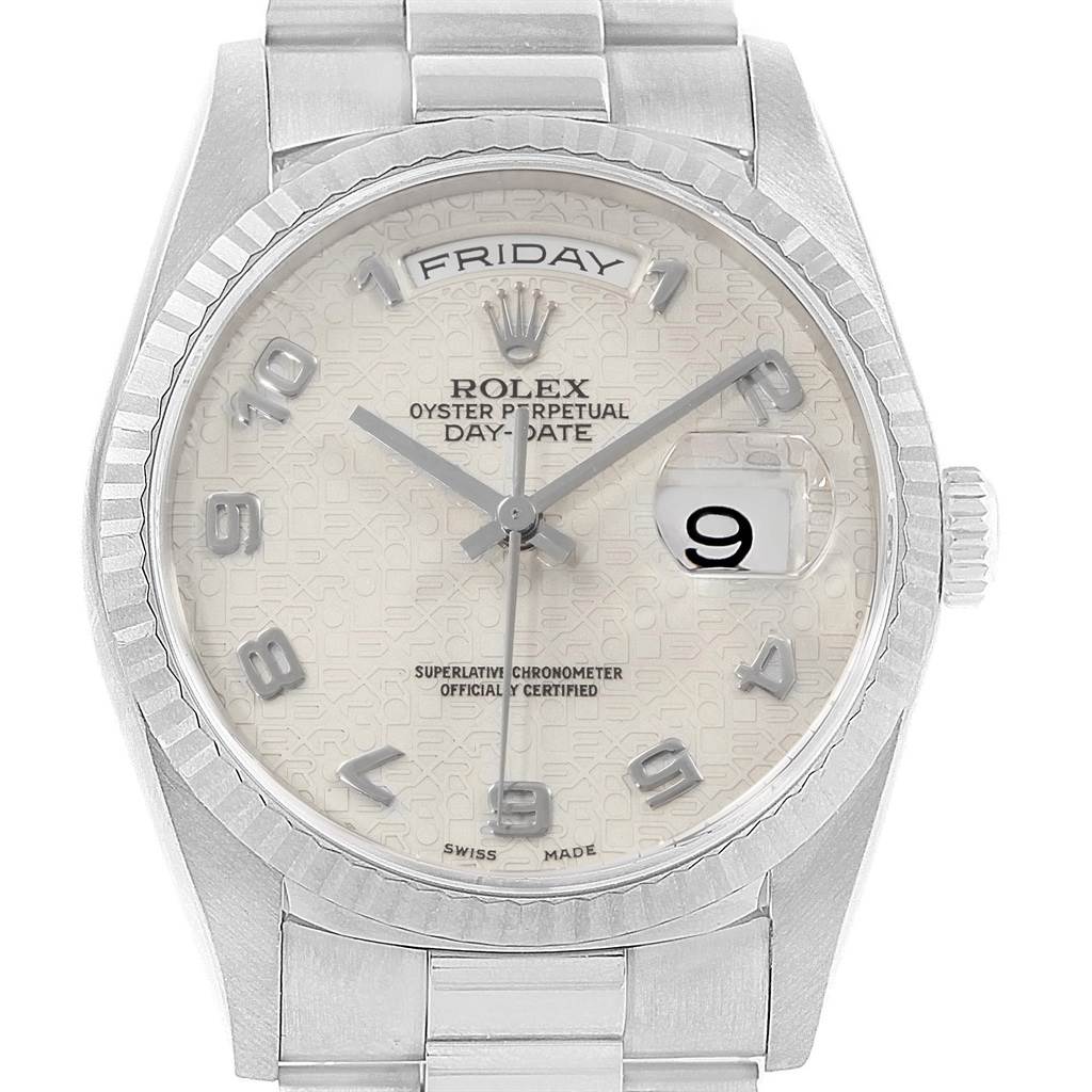 The image shows a frontal view of the Rolex President 18239 Men's White Gold Silver Dial 18239 Men's White Gold Silver Dial Day-Date model watch, displaying the dial, hands, and bracelet.