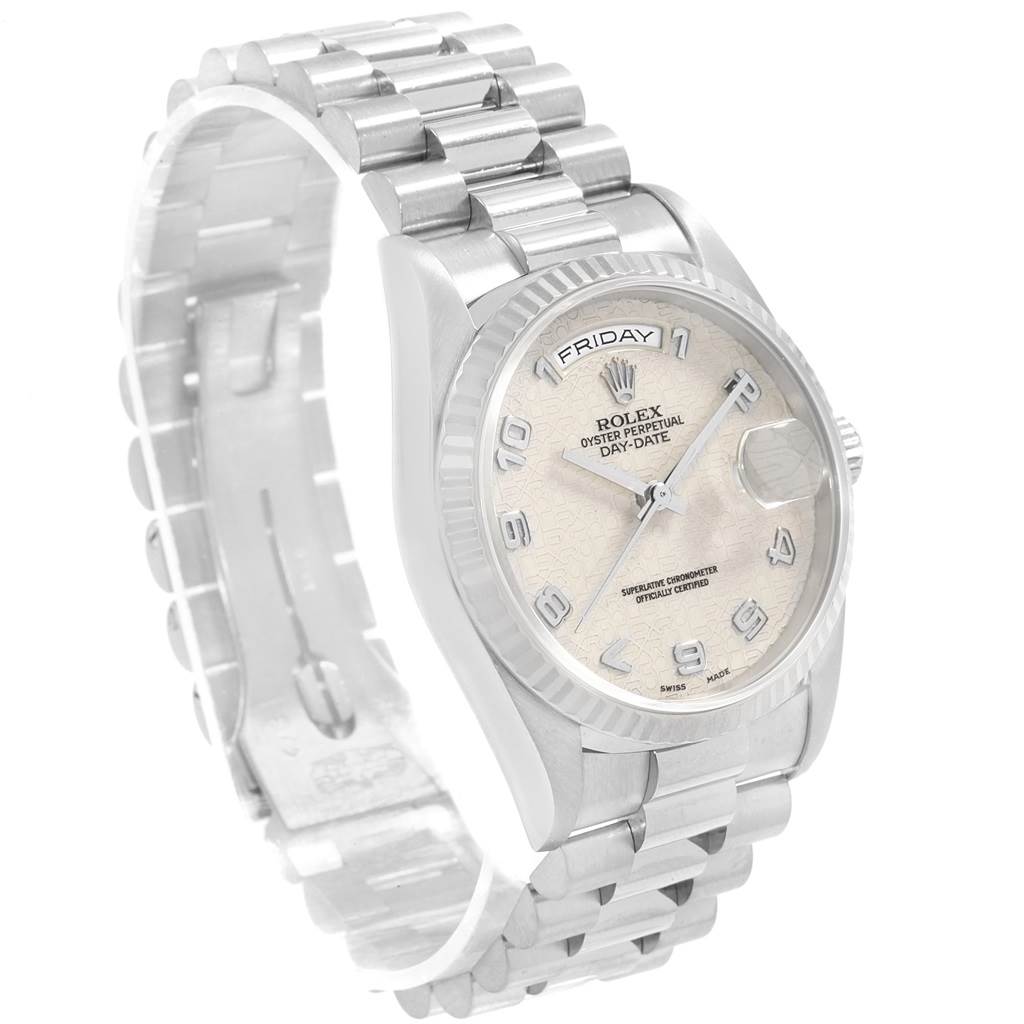 The image shows a Rolex President 18239 Men's White Gold Silver Dial 18239 Men's White Gold Silver Dial model watch from a left-side angle, highlighting the dial, bezel, and bracelet.