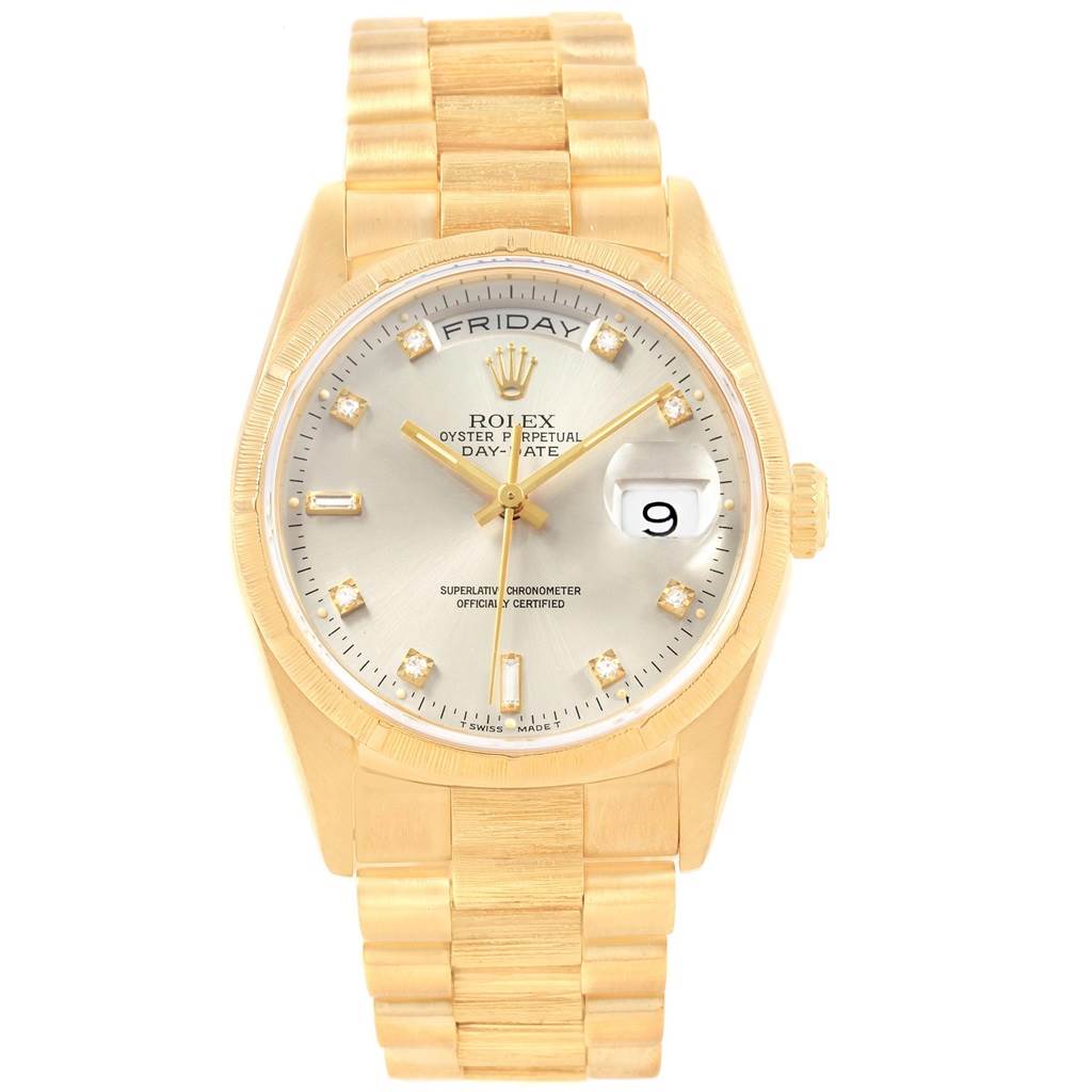 The Rolex President 18248 Men's Yellow Gold Silver Dial 18248 Men's Yellow Gold Silver Dial model watch is shown from a front angle, displaying its face, band, and crown.