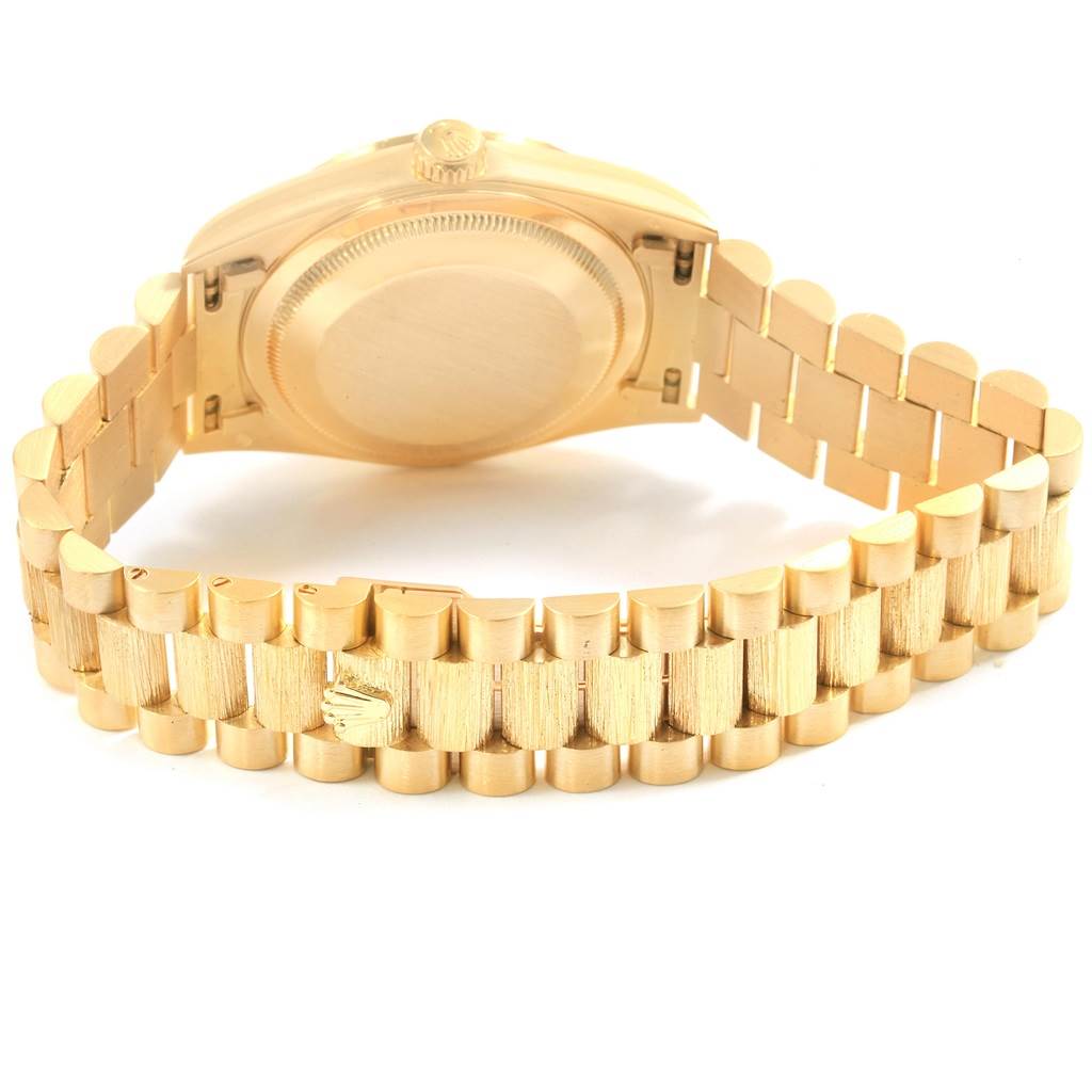 The image shows the back case and bracelet of a Rolex President 18248 Men's Yellow Gold Silver Dial 18248 Men's Yellow Gold Silver Dial model watch from a rear angle.
