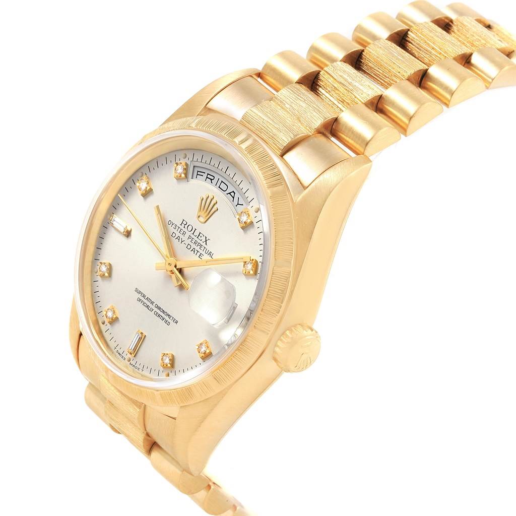 The image shows a Rolex President 18248 Men's Yellow Gold Silver Dial 18248 Men's Yellow Gold Silver Dial model watch at an angled view, highlighting the dial, crown, and bracelet.
