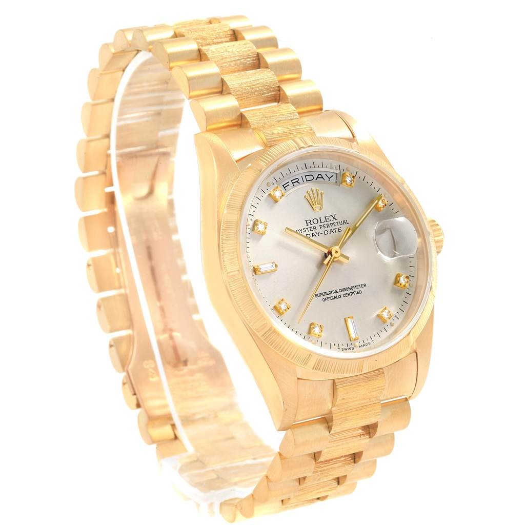 The image shows a Rolex President 18248 Men's Yellow Gold Silver Dial 18248 Men's Yellow Gold Silver Dial model watch at a 3/4 angle, highlighting the face, bracelet, and crown.