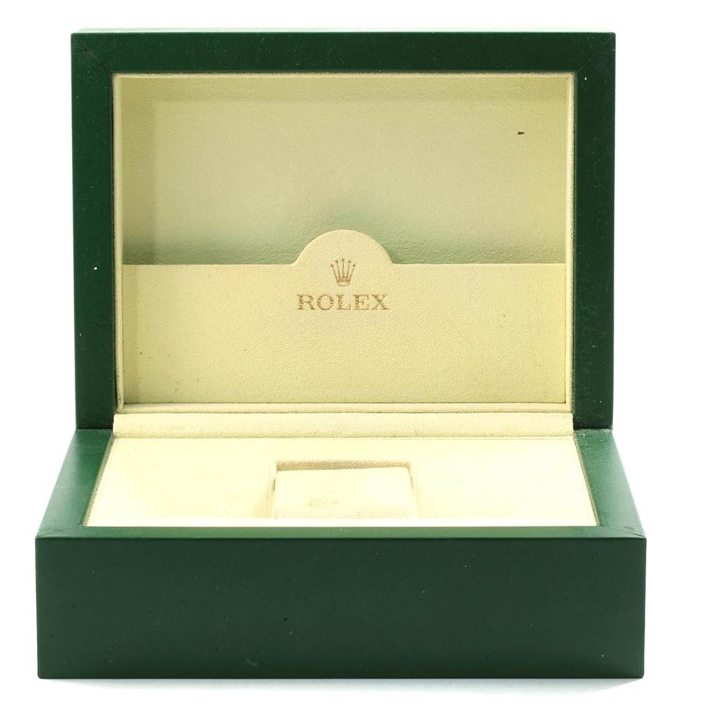The image shows an open Rolex President 18248 Men's Yellow Gold Silver Dial 18248 Men's Yellow Gold Silver Dial model watch box, featuring a green exterior and beige interior.