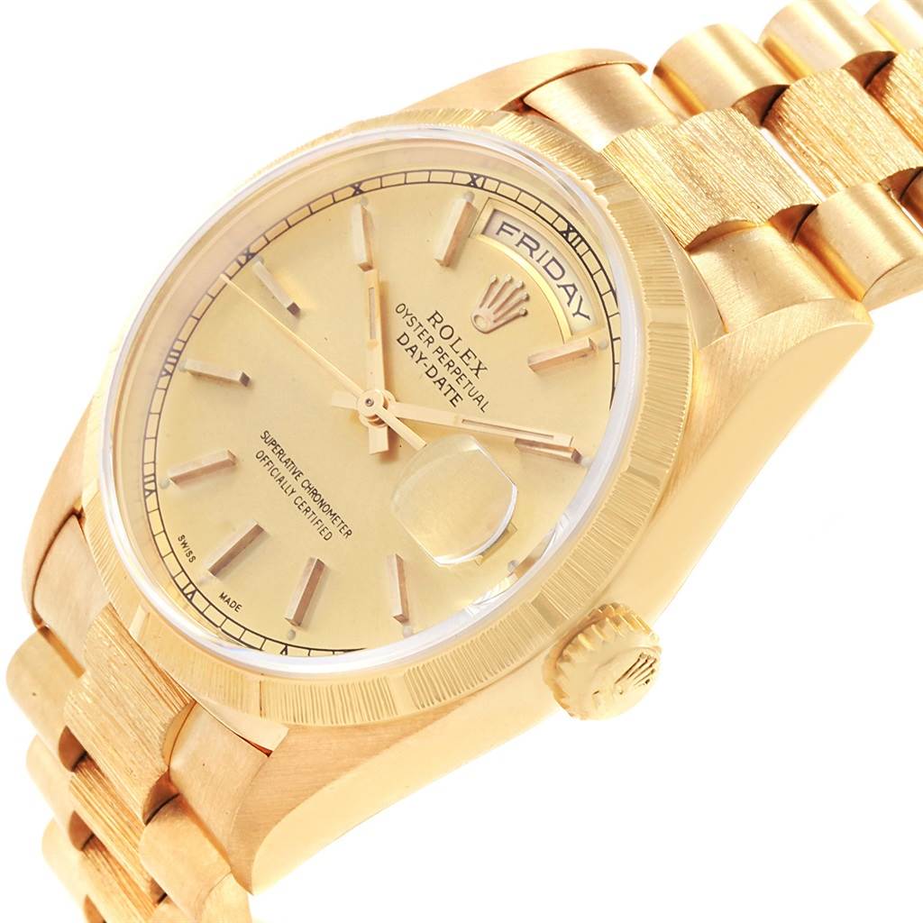 The image shows a Rolex President 18248 Men's Yellow Gold Champagne Dial 18248 Men's Yellow Gold Champagne Dial model watch from a slight side angle, highlighting the dial, crown, and bracelet.