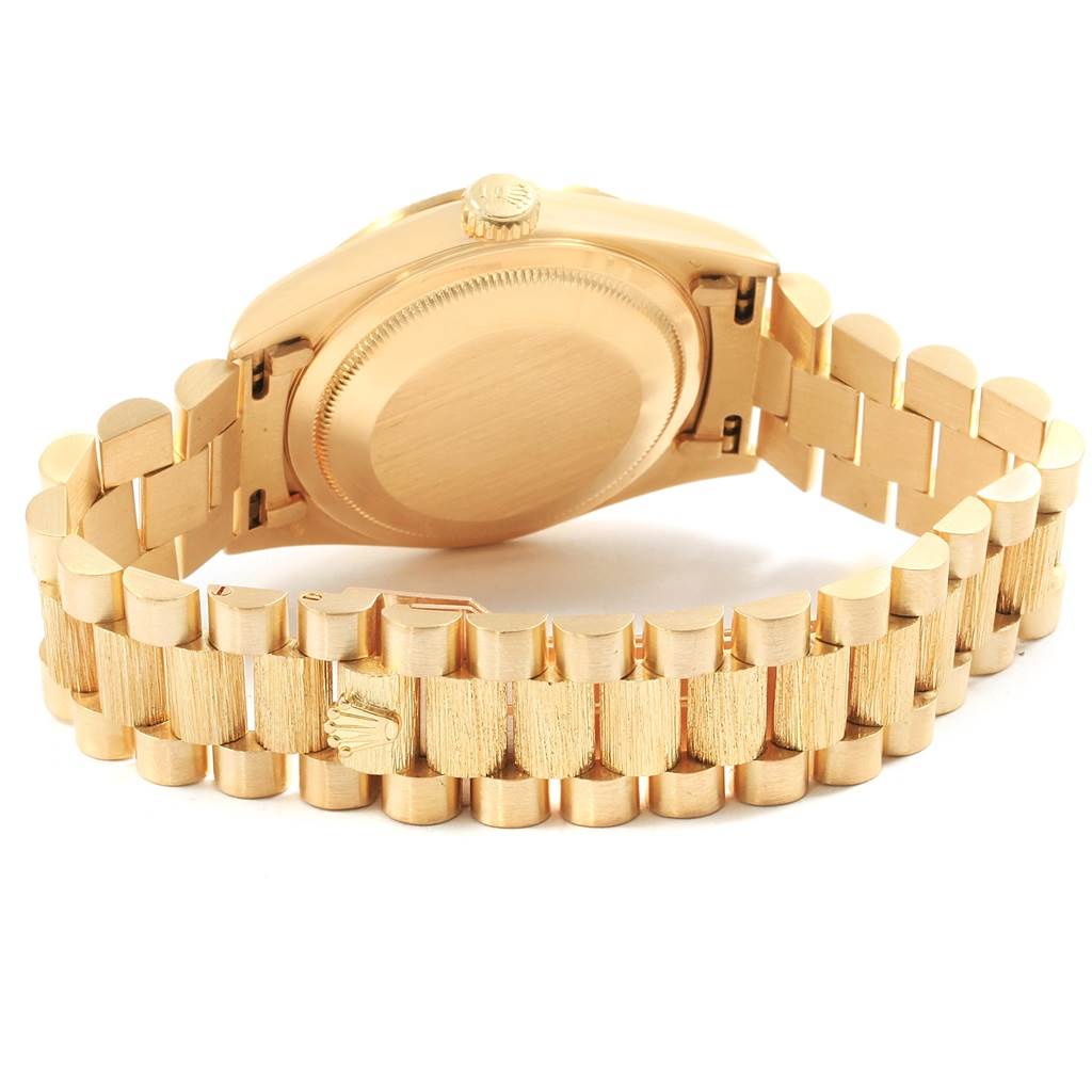 The image shows the back view of a Rolex President 18248 Men's Yellow Gold Champagne Dial 18248 Men's Yellow Gold Champagne Dial model watch, highlighting the bracelet and case back.