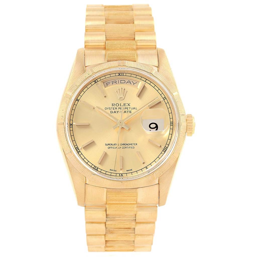 This Rolex President 18248 Men's Yellow Gold Champagne Dial 18248 Men's Yellow Gold Champagne Dial model watch is shown from a front angle, displaying its dial, bracelet, and day-date features.