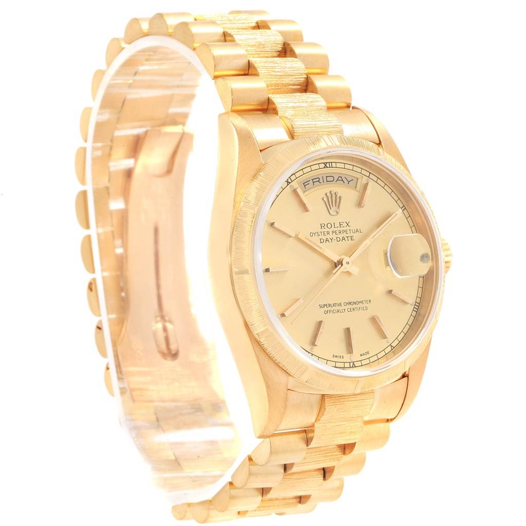 The image shows a side-angle view of a Rolex President 18248 Men's Yellow Gold Champagne Dial 18248 Men's Yellow Gold Champagne Dial model, highlighting its gold case, bracelet, and dial with day and date features.