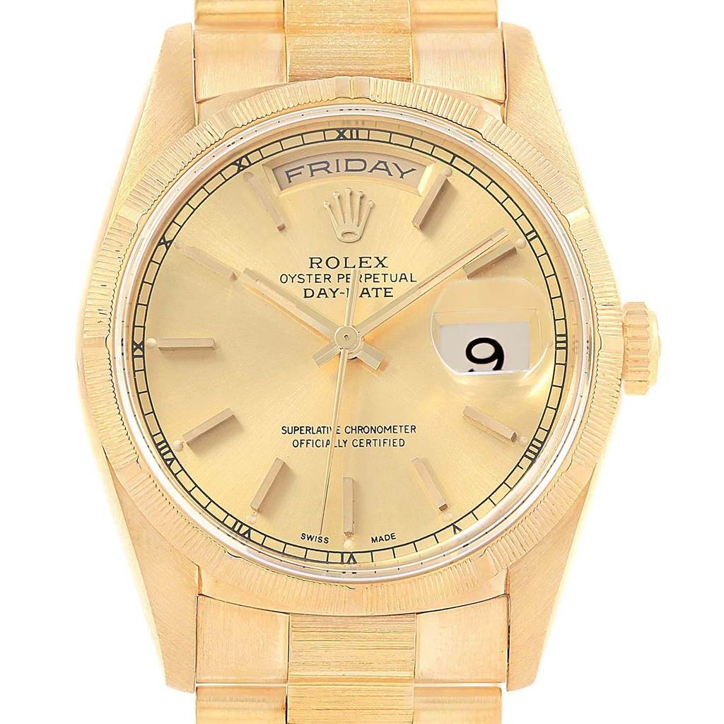 The image shows a front view of a Rolex President 18248 Men's Yellow Gold Champagne Dial 18248 Men's Yellow Gold Champagne Dial model watch, focusing on the dial, day, and date features.