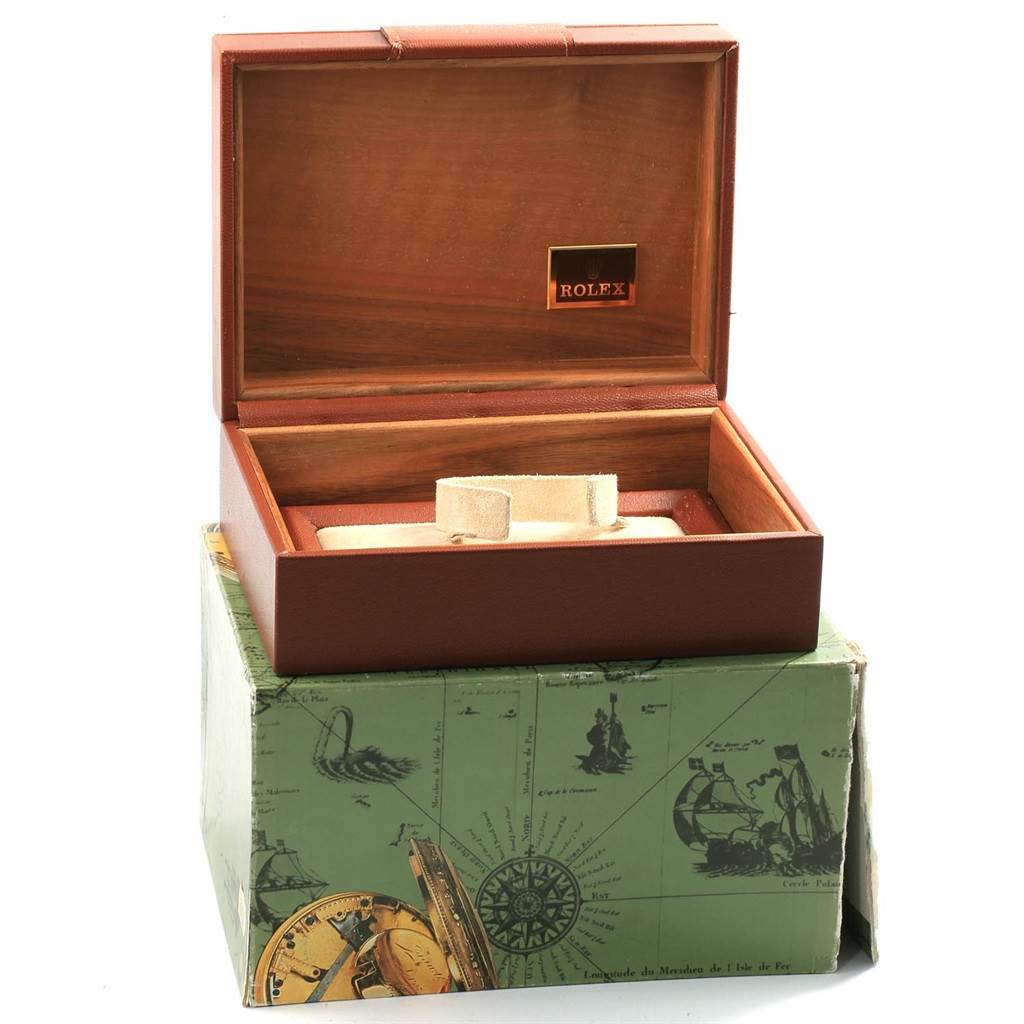 The image shows an open Rolex President 18248 Men's Yellow Gold Champagne Dial 18248 Men's Yellow Gold Champagne Dial watch box, featuring the Rolex brand logo on the inside and the original outer box.